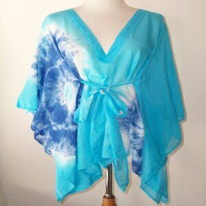 KARTIKA Aqua Cotton Silk Tie Dye Deconstructed Open Back Belted Tunic Top M L